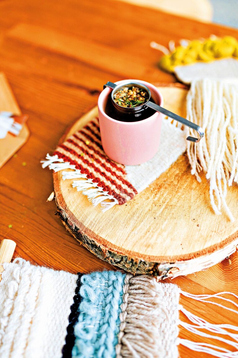 Tea on a round wood slab